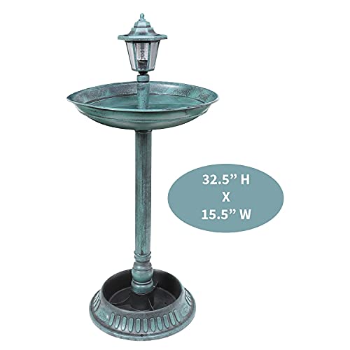 ART & ARTIFACT Solar Lamp Post Bird Bath - Weather Resistant Outdoor Pedestal LED Lighted Birdbath, Flower Planter - Verdigris Finish