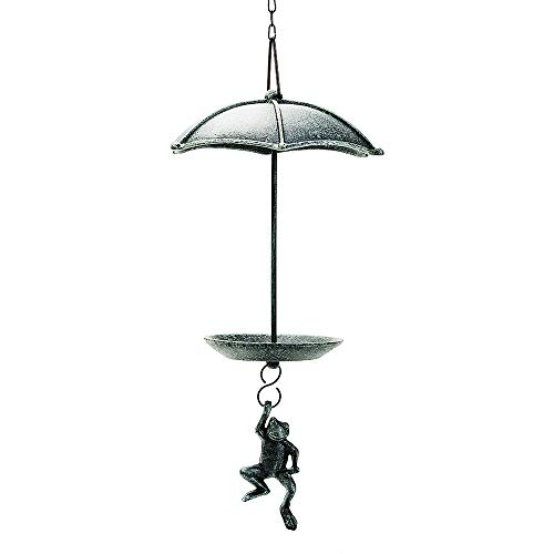 Sungmor Decorative Hanging Bird Feeder, Waterproof Roof Wild Bird Feeding Station Cast Iron Bird Bath, Unique Vintage Green Lovely Frog Skydiving Design, an Excellent Addition to Any Garden Decòr