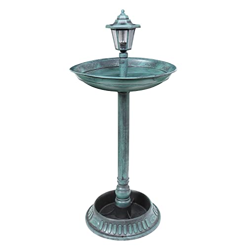 ART & ARTIFACT Solar Lamp Post Bird Bath - Weather Resistant Outdoor Pedestal LED Lighted Birdbath, Flower Planter - Verdigris Finish