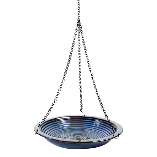 BYER OF MAINE Circles Hanging Bird Bath, Porcelain, Glaze Finish, Adjustable Chain, Cobalt Blue, 14”x14”x34” adj