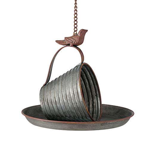 Rustic Bird Feeder, Vintage Tea Cup and Saucer Shape, Grey Zinc, 8.75 D x 7.75 H, 13 Inch Chain, Loop Hanger
