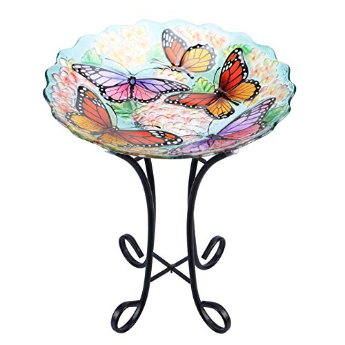 MUMTOP Outdoor Glass Birdbath with Metal Stand for Lawn Yard Garden Butterfly Decor, 18” Dia 21.65” Height