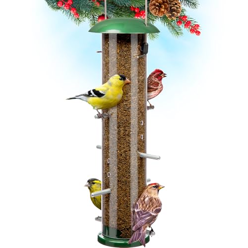 Gray Bunny Thistle & Nyjer Bird Feeders for Outdoors Hanging, Metal Finch Bird Feeder with 16 Small Ports & 8 Metal Perches, Chew Proof, Great for Wild Bird