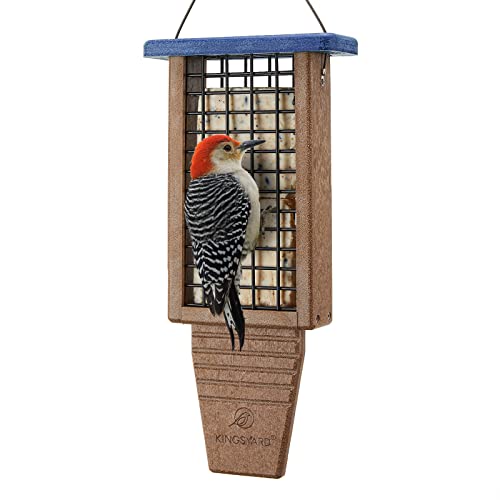 Kingsyard Recycled Plastic Suet Bird Feeder, Double Capacity Tail-prop Suet Feeder for Outside Hanging, Sturdy & Durable, Great for Woodpecker & Clinging Birds, Blue