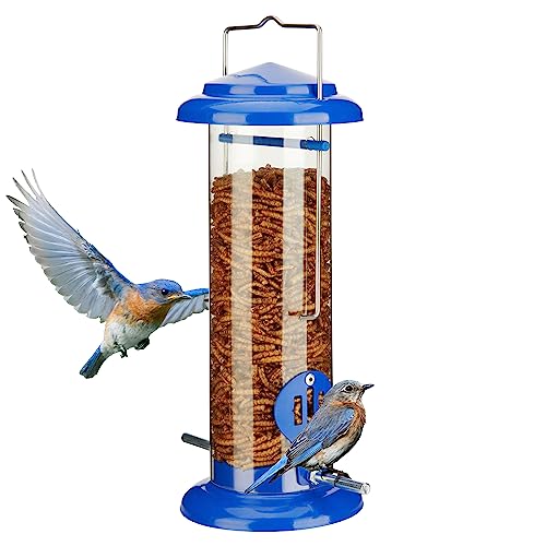 Kingsyard Bluebird Feeder for Outdoors Hanging - Metal Mealworm Tube Bird Feeder for Blue Birds Robins Wrens Titmice, Blue