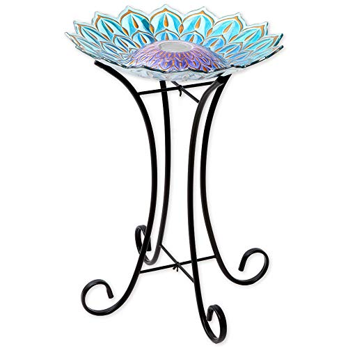 Bits and Pieces - Solar Glass Birdbath Statue with Metal Stand - Bird Bath Garden or Yard Décor Sculpture