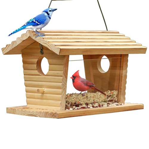STARSWR Bluebird Feeder Outside,Mealworm Bird Feeder for Outdoors Squirrel Proof Hanging Birdhouse Feeder Wooden Bird House Feeder for Cardinal，finch