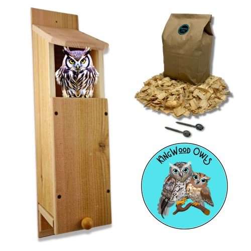 KingWood Original Cedar Owl House Box, Bird House w/nesting material, Owl Box, Large Birdhouse, Screech Owl House Kit, Owl House Box For Nesting