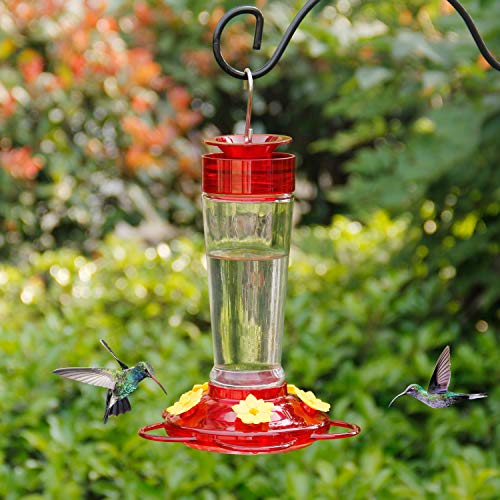 Shrdaepe Hummingbird Feeder, Glass Bottle Bird Feeders, 5 Feeding Ports, 10-Ounce Nectar Capacity (Red and Yellow)