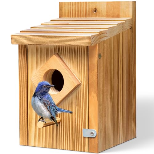Waterproof Wooden Blue Bird House, Spray Paint Treatment Bluebird Box Houses for Outdoors, Nesting Box for Wrens, Swallows, Finches, Chickadee
