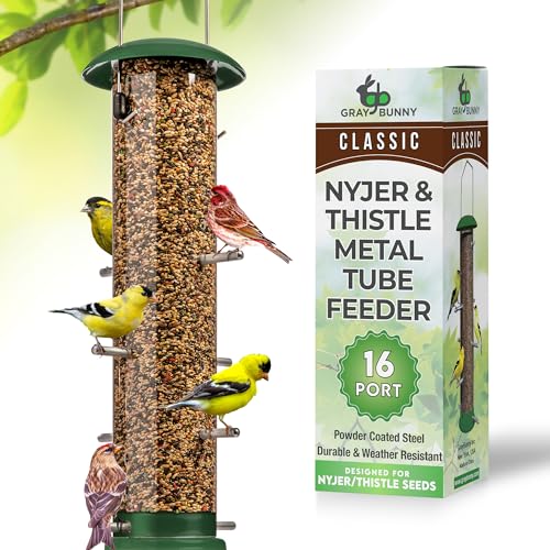 Gray Bunny Thistle & Nyjer Bird Feeders for Outdoors Hanging, Metal Finch Bird Feeder with 16 Small Ports & 8 Metal Perches, Chew Proof, Great for Wild Bird