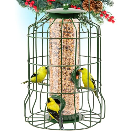 Gray Bunny Wild Bird Feeders Squirrel Proof for Outside Hanging, 1.25 lb Capacity Steel Bird Feeder Squirrel Proof for Small Birds, Chew Proof and Rust Proof, 4-Port Bird Watching Gifts Bird Lovers