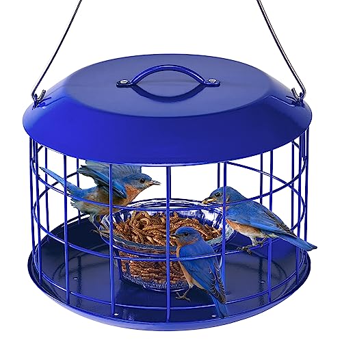 Kingsyard Bluebird Feeders for Outdoors Hanging, All Metal, Cage Mealworm Bird Feeder with Tray, Large Bird & Squirrel Proof, Easy to Refill & Clean (Blue)