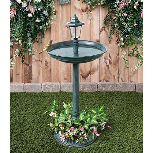 ART & ARTIFACT Solar Lamp Post Bird Bath - Weather Resistant Outdoor Pedestal LED Lighted Birdbath, Flower Planter - Verdigris Finish