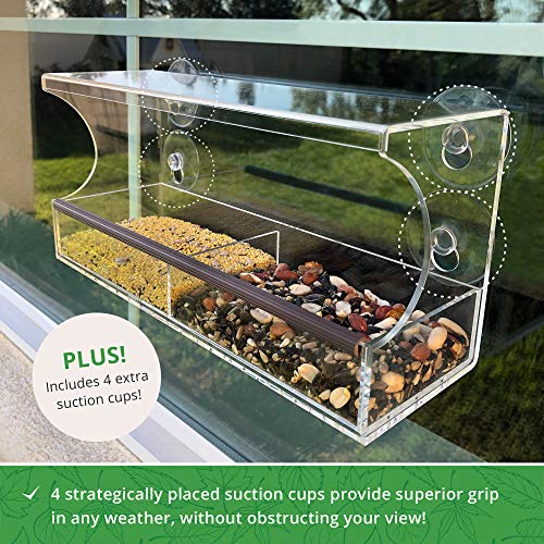 Large Window Bird Feeder with Strong Suction Cups - Innovative Anti-Yellowing Acrylic - Largest Seed Tray on The Market - No Assembly - Fathers Day